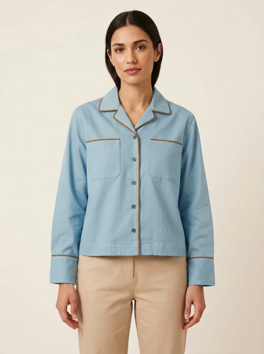 Women's Camp-Collar Contrast-Piped Straight-Fit Shirt