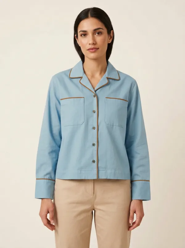 Women's Camp-Collar Contrast-Piped Straight-Fit Shirt