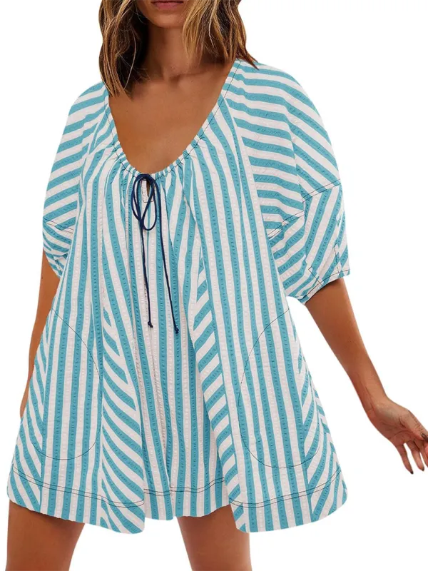 Short Sleeved Striped Jumpsuit Slim Loose Shorts