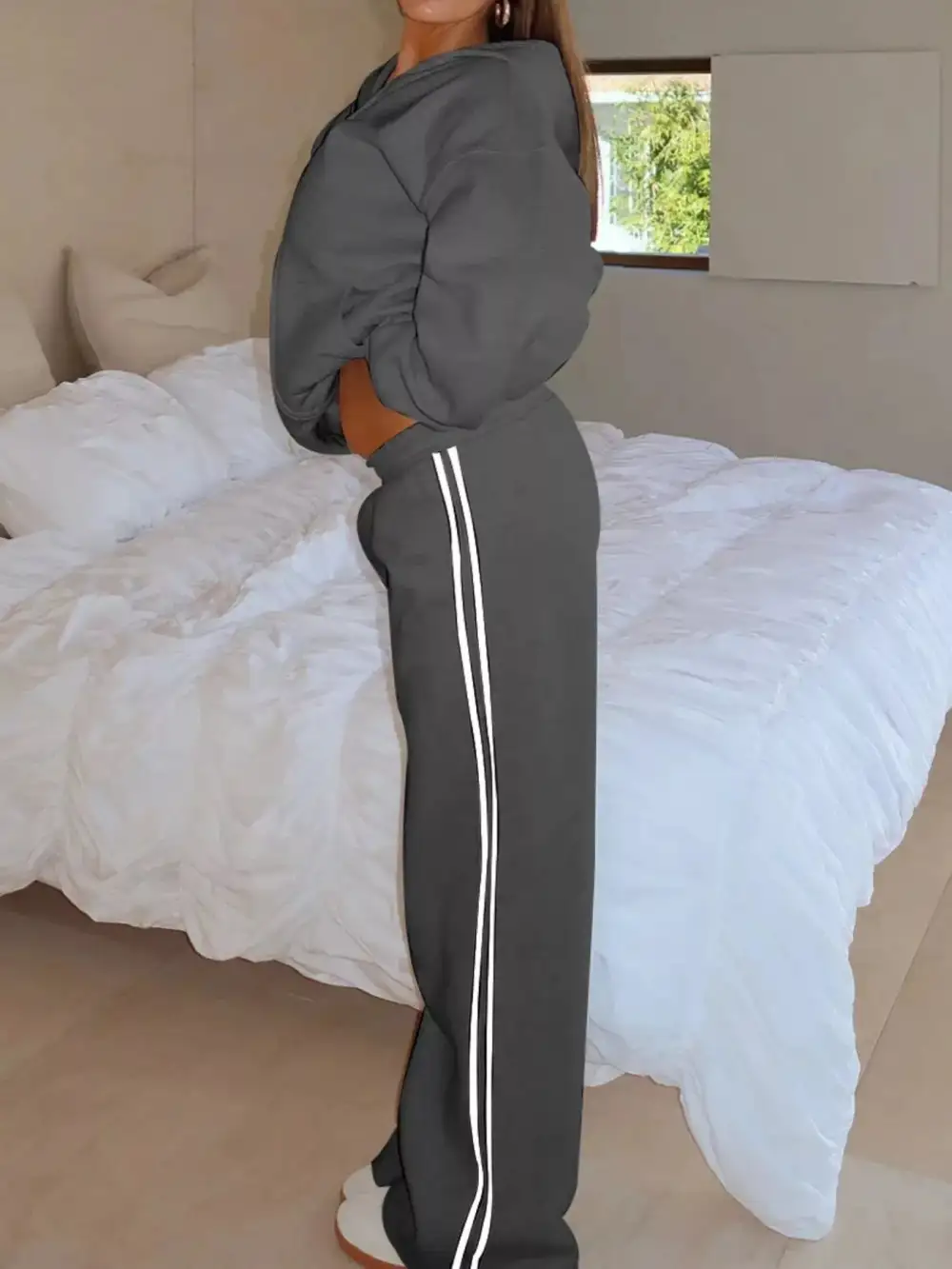 Zip Up Hoodie and Striped Pants Set