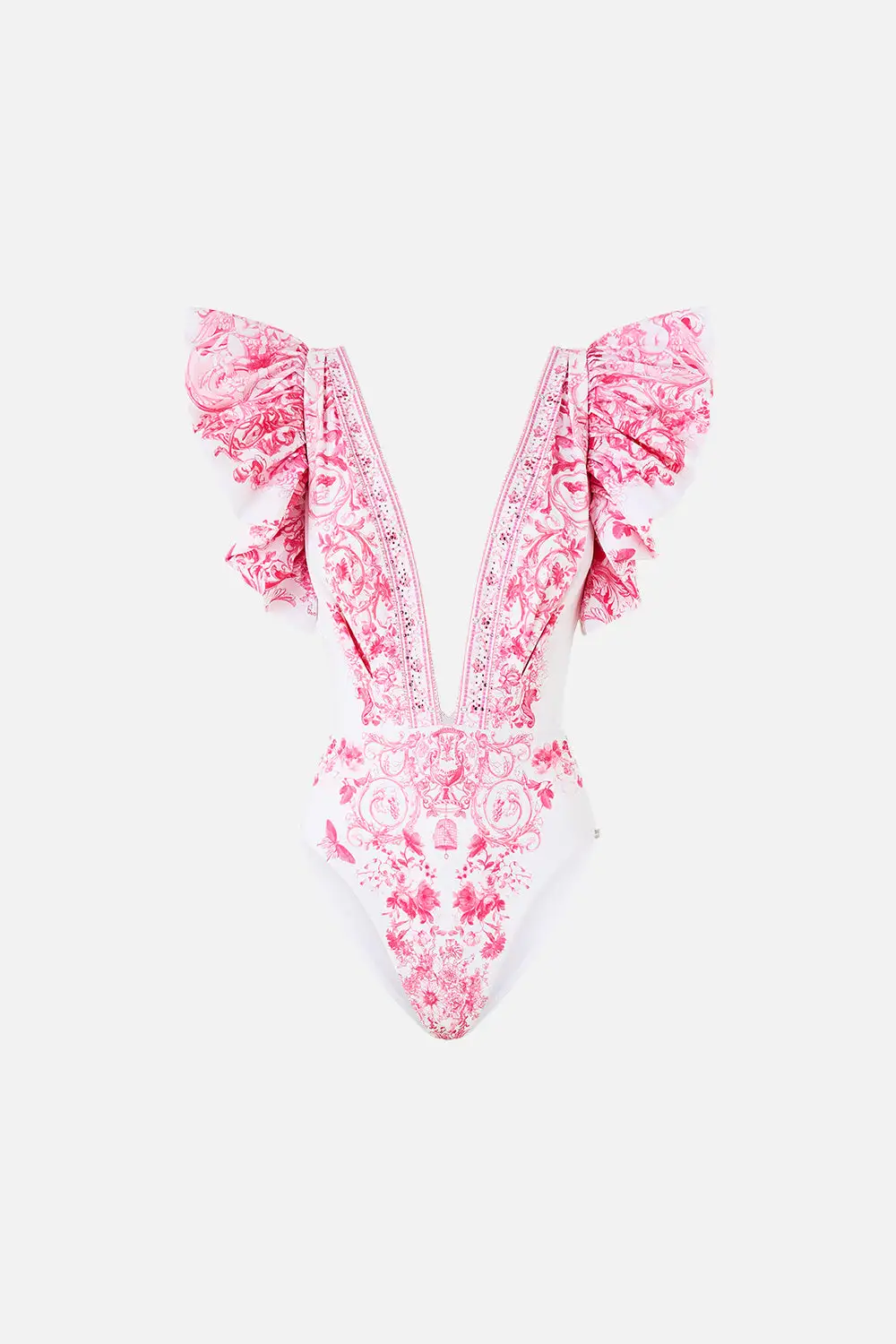 Plunge One-Piece Swimsuit with Pleated Ruffle Sleeves