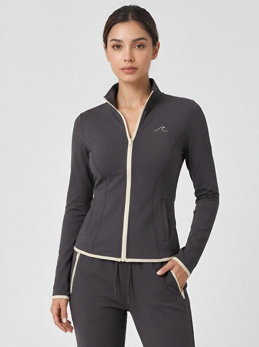 Women's Beach Wave Graphic Grey Zip-up Tracksuit Set