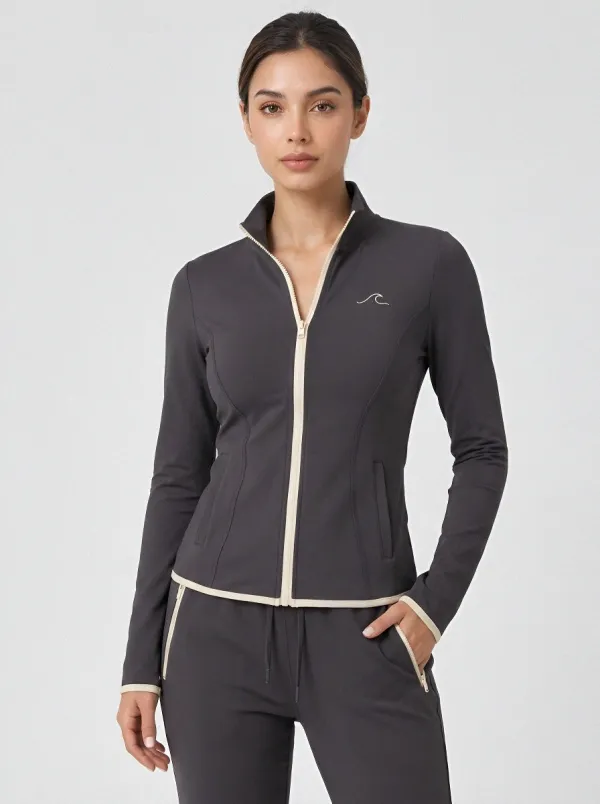 Women's Beach Wave Graphic Grey Zip-up Tracksuit Set