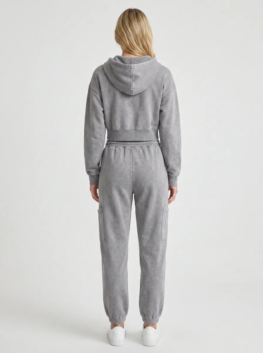 Zip-Up Acid-Wash Cargo-Jogger Jogger Women's Cropped Zip-Up Hoodie Jogger Active Set
