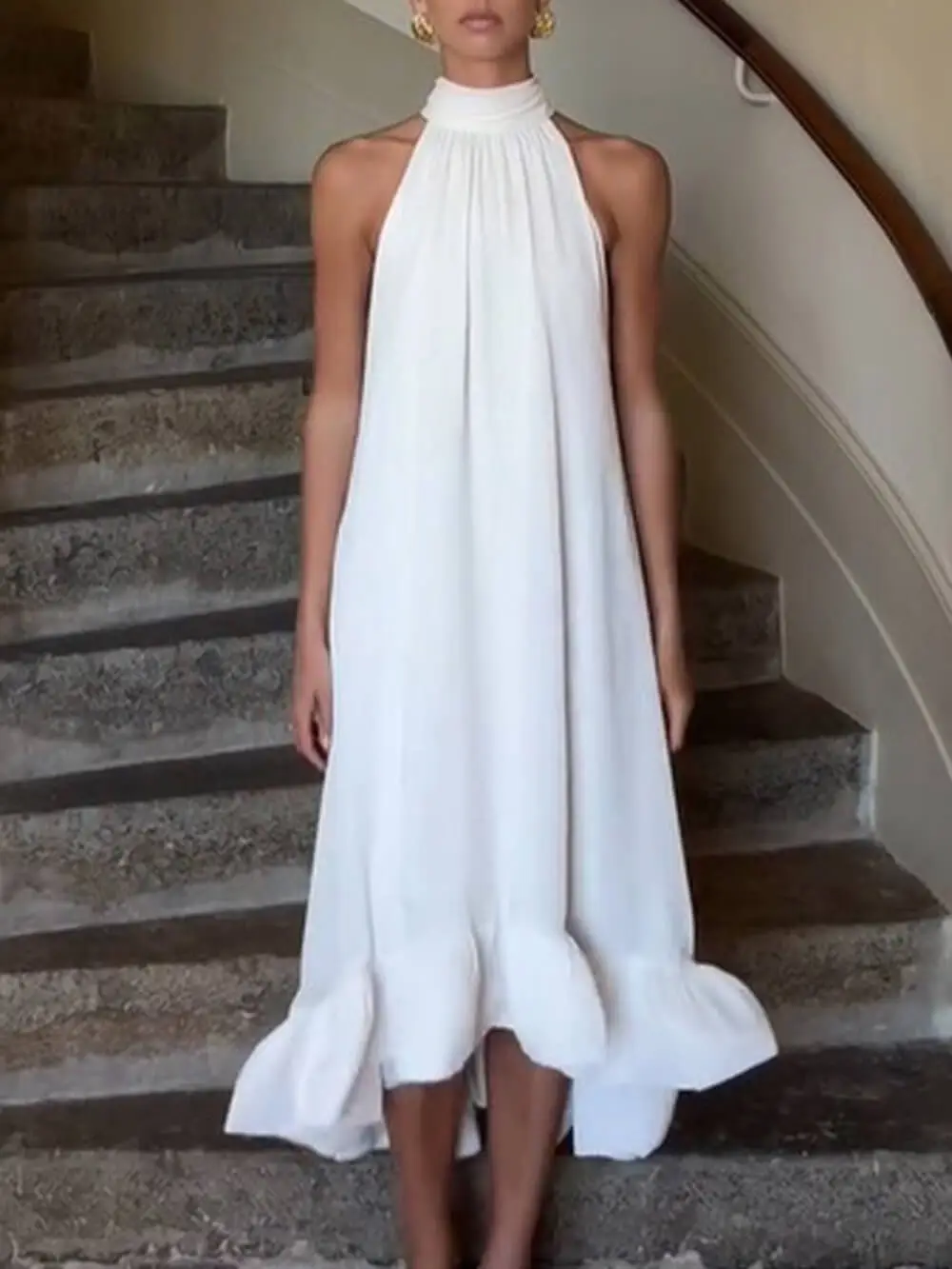 Elegant Ruffled Halter Neck Sleeveless Midi Dress