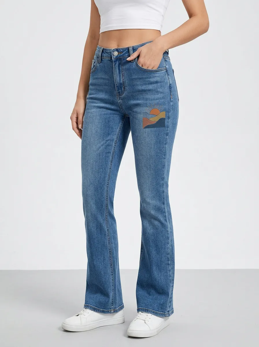 Women's Sunset Mountain Graphic Contrast-Stitch Flare Jeans