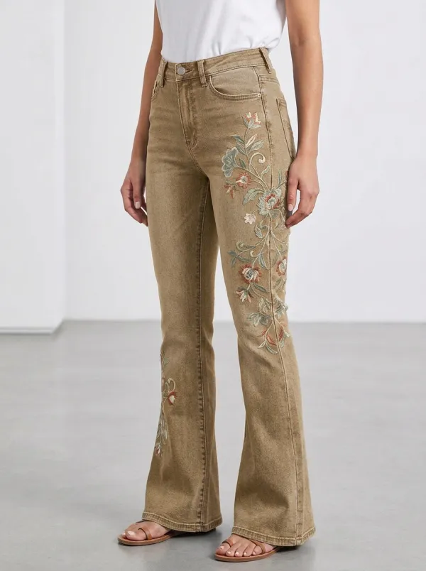 Women's Blue Floral Embroidery High-Rise Flare Jeans