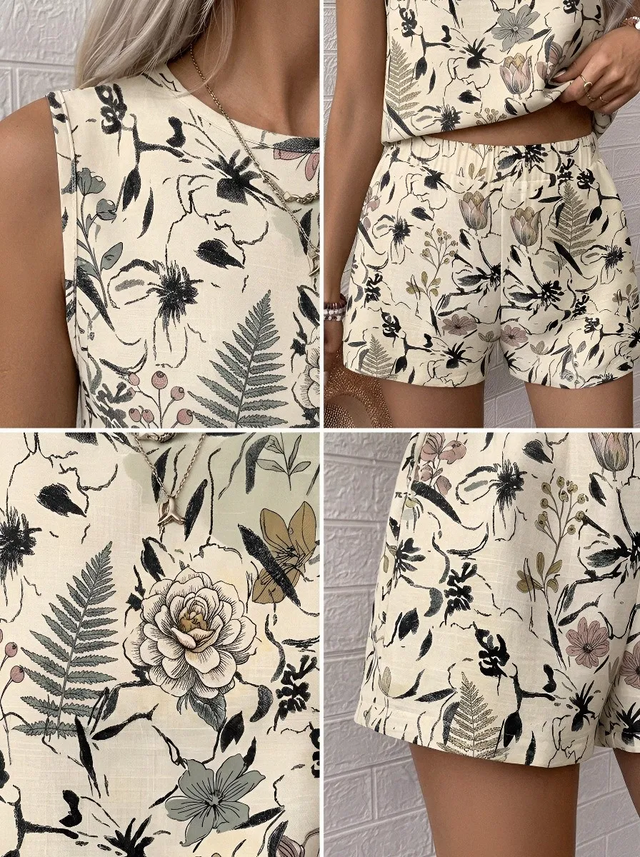 Women's Botanical Lover Floral Fern Printed Sleeveless Set