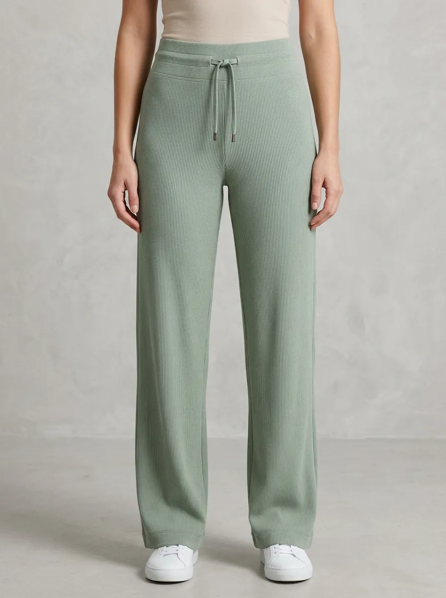Women's Athletic Sage Green Ribbed Drawstring Wide Leg Pants