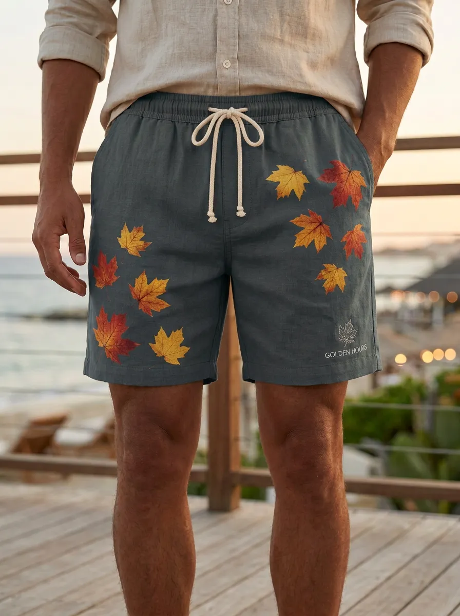 Tan Maple Leaf Print Drawstring Feature Shorts