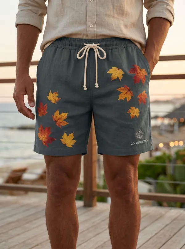 Tan Maple Leaf Print Drawstring Feature Shorts