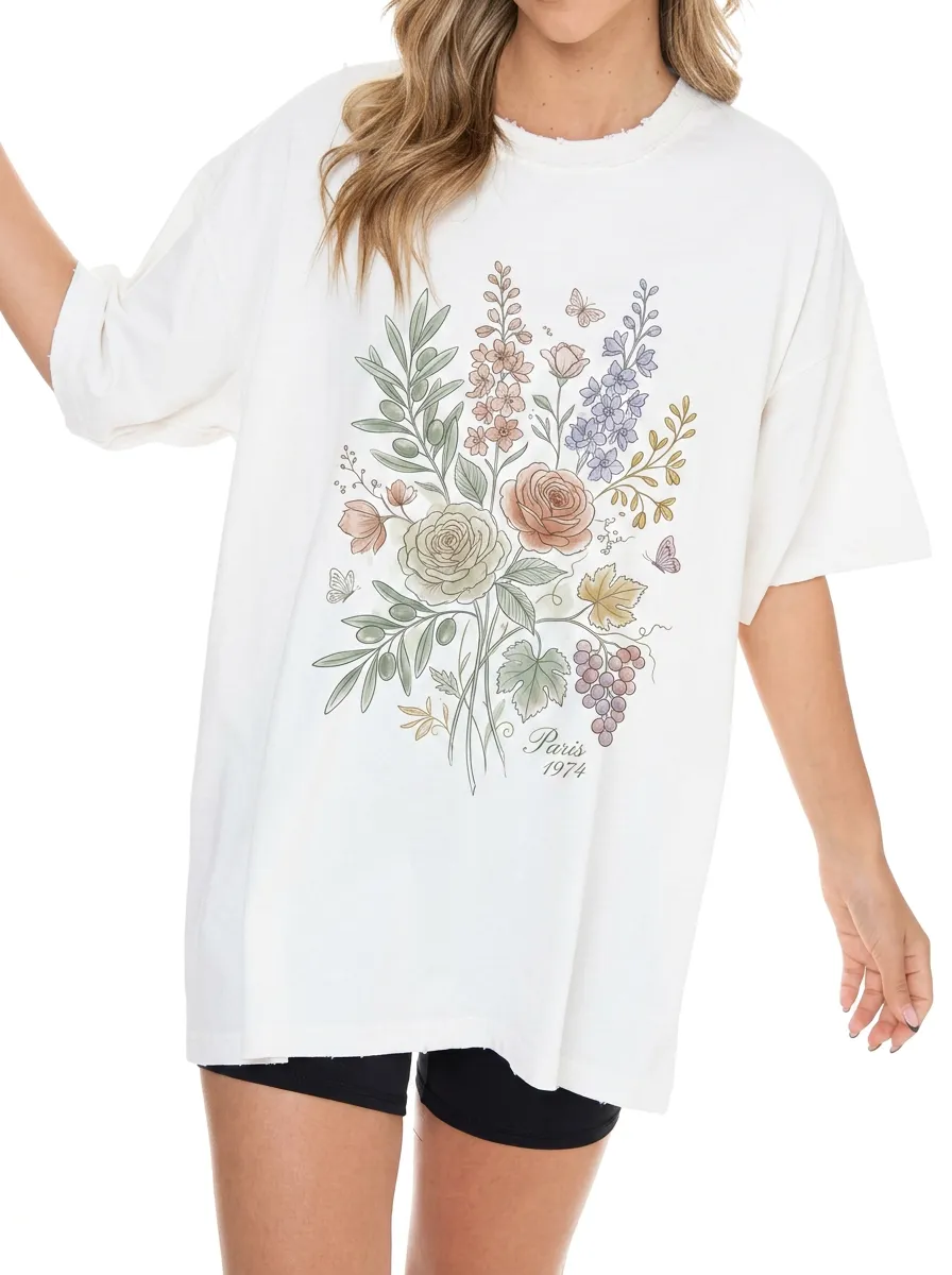 Women's Paris 1974 Floral Bouquet Butterfly Printed T-shirt