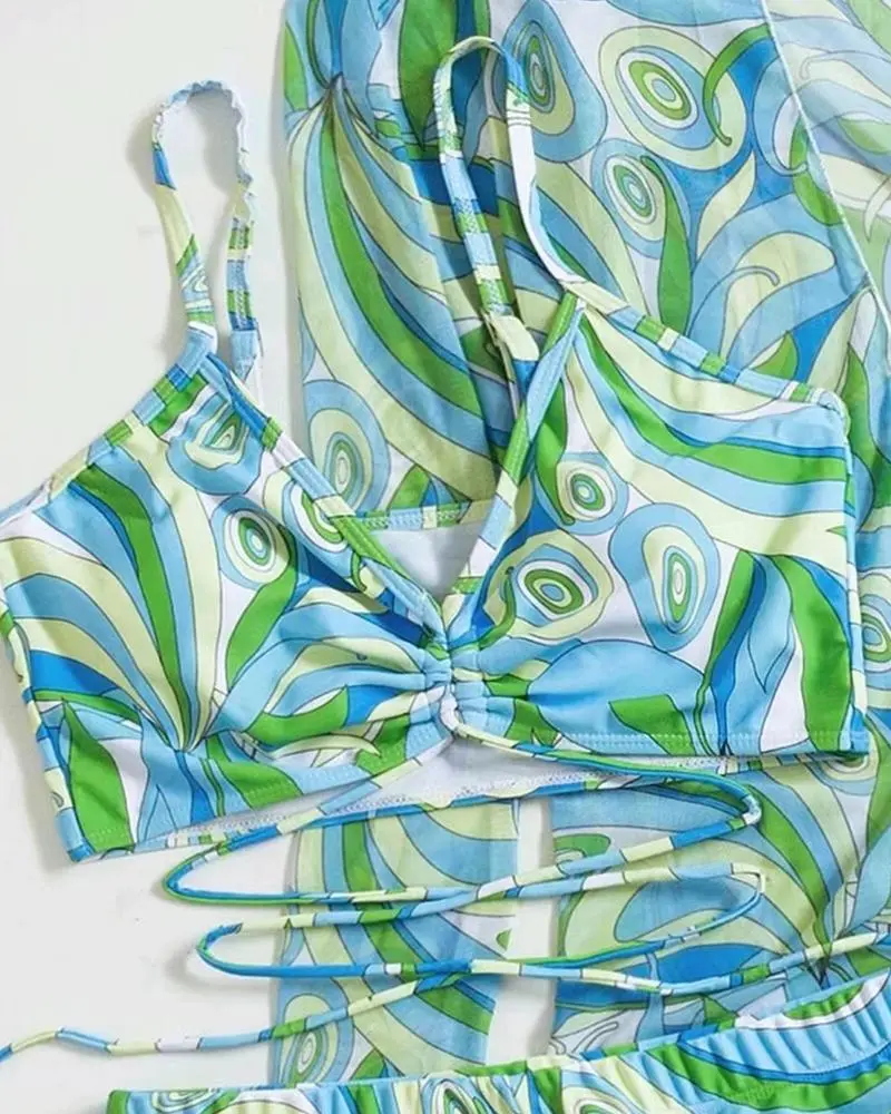 3PCS Abstract Print Drawstring Bikini Set With Cover Up