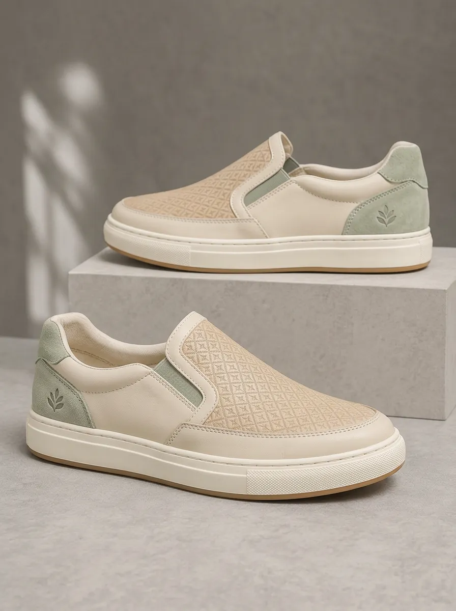Men's Minimalist Leaf Pattern Beige Suede Printed Slip-on Shoes
