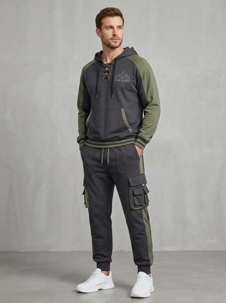 Urban Lace-Up Graphic Print Detail Men's Lace Up Hoodie And Cargo Jogger Set