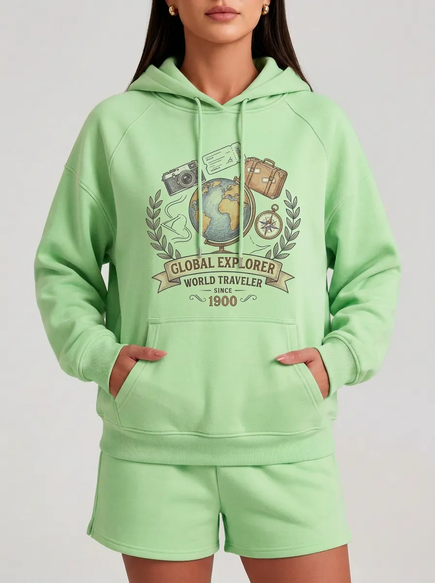 Women's Global Explorer World Traveler Globe Printed Hoodie