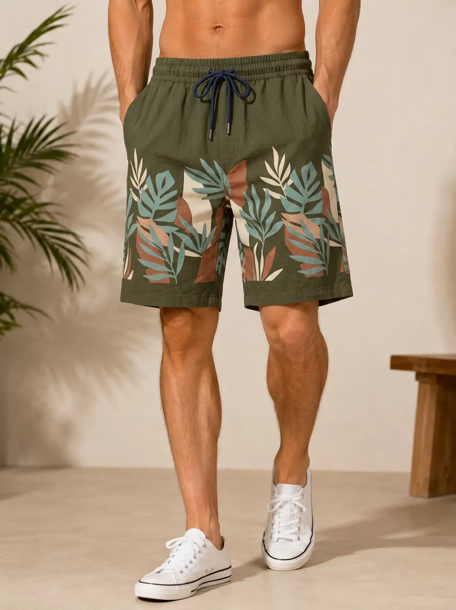 Men's Tropical Summer Vacation Botanical Leaves Printed Shorts