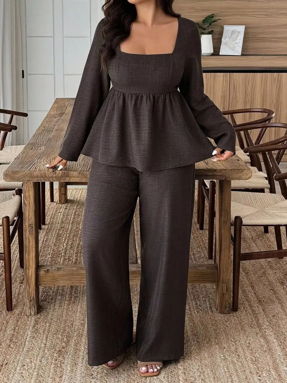 Plus Size Square Neck Long Sleeve Top and Pants