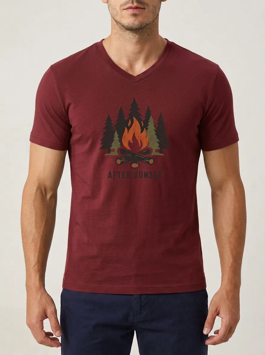 Men's Camping Lover After Sunset Campfire Forest Printed V-neck T-shirt