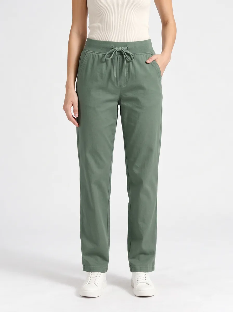 Women's Drawstring Elastic Waist Trousers in Olive Green