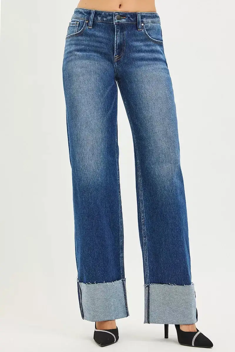 Mid Rise Cuffed Hem Wide Straight Jeans