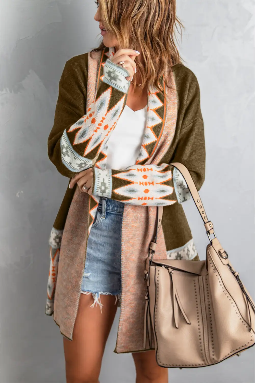 Aztec Print Open Front Knit Textured Knit Cardigan