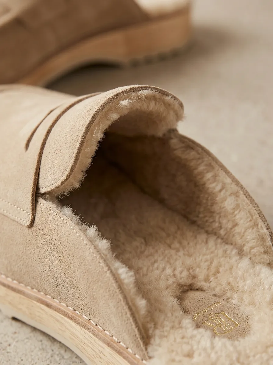 Women's Faux Fur Lined Minimalist Suede Wood Sole Loafers