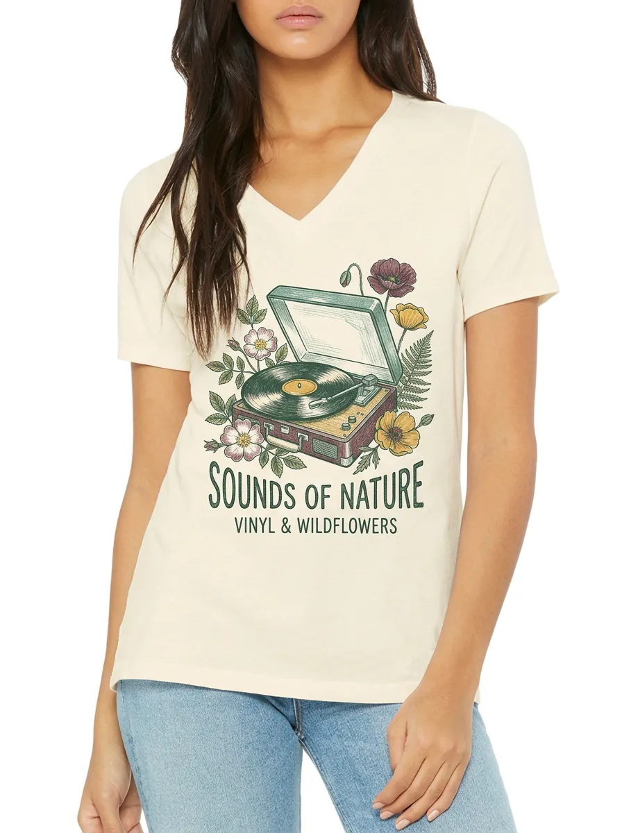 Women's Music Lover Vinyl Record Wildflowers Printed V-neck T-shirt