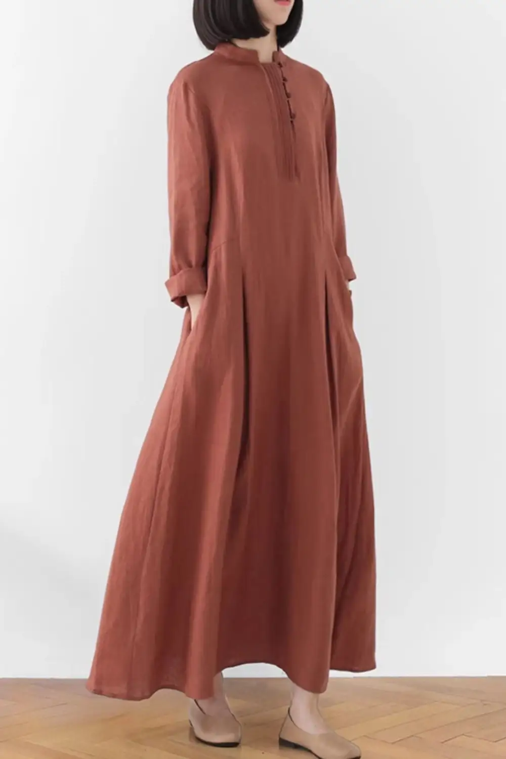 Layered Linen Long Sleeve Maxi Dress