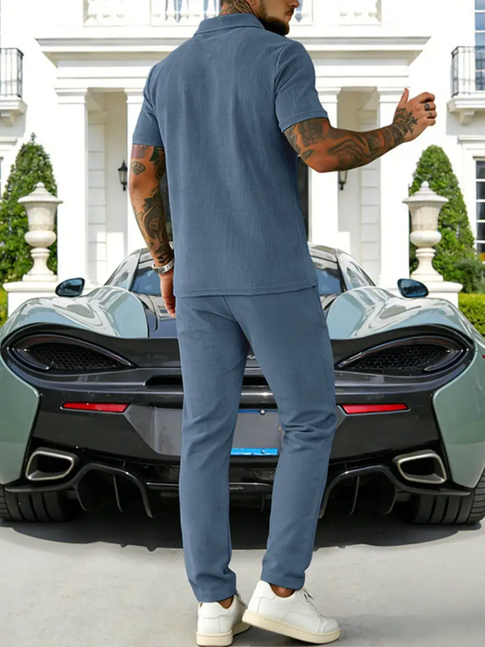 Men's Full Size Casual Zipper Polo Shirt and Pant Set