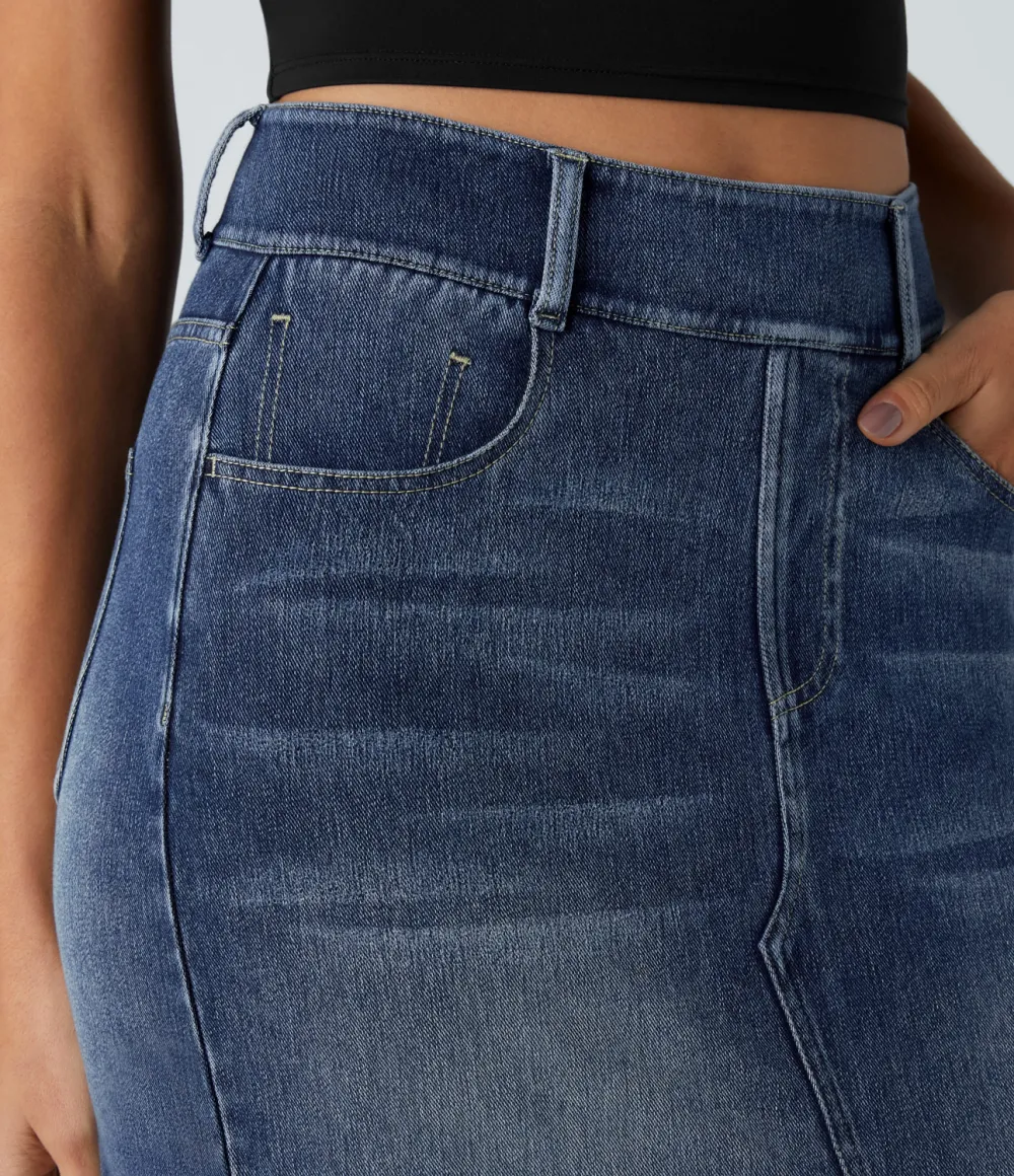 Magic High Waisted Multiple Pockets Bodycon Split Washed Stretchy Knit Denim Casual Midi Skirt