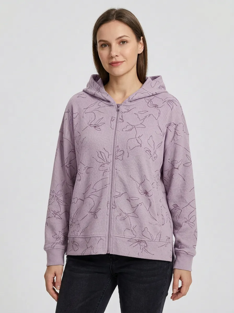 Women's Floral Line Art Waffle Textured Zip-Up Graphic Hoodie