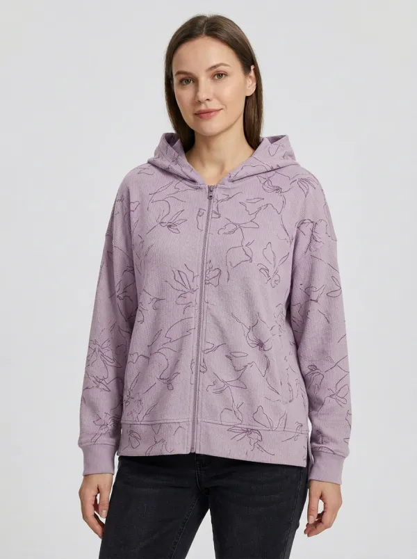 Women's Floral Line Art Waffle Textured Zip-Up Graphic Hoodie