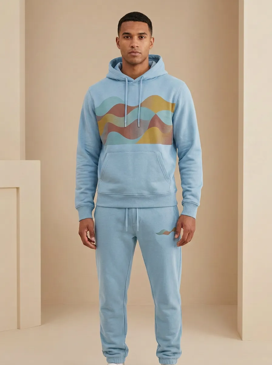 Men's Abstract Wave Pattern Printed Hoodie Sweatpants Set