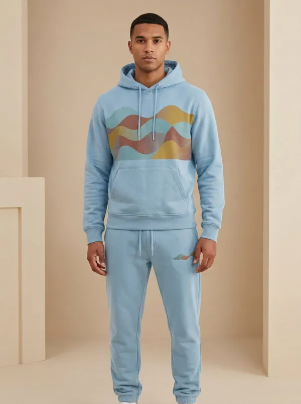 Men's Abstract Wave Pattern Printed Hoodie Sweatpants Set