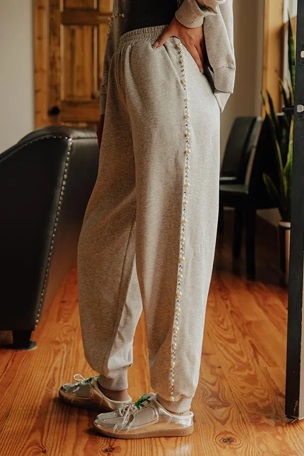 High Waist Relaxed Ribbed Embellished Pearl Detail Jogger Pants