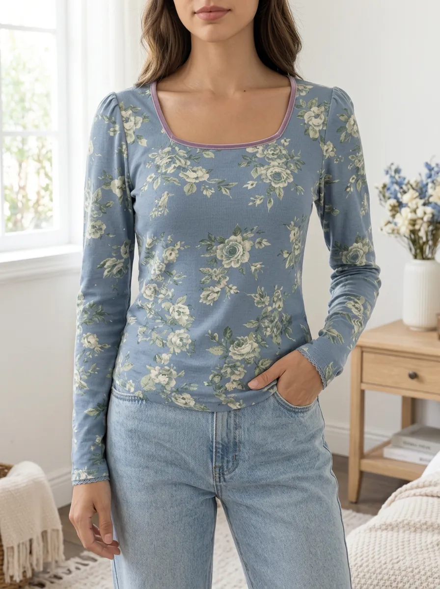 Women's Sweet Style Blue Floral Printed Long Sleeve Square Neck Top