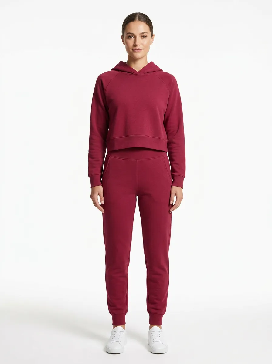 Women's Burgundy Raglan Cropped Hoodie and Tapered Jogger Set