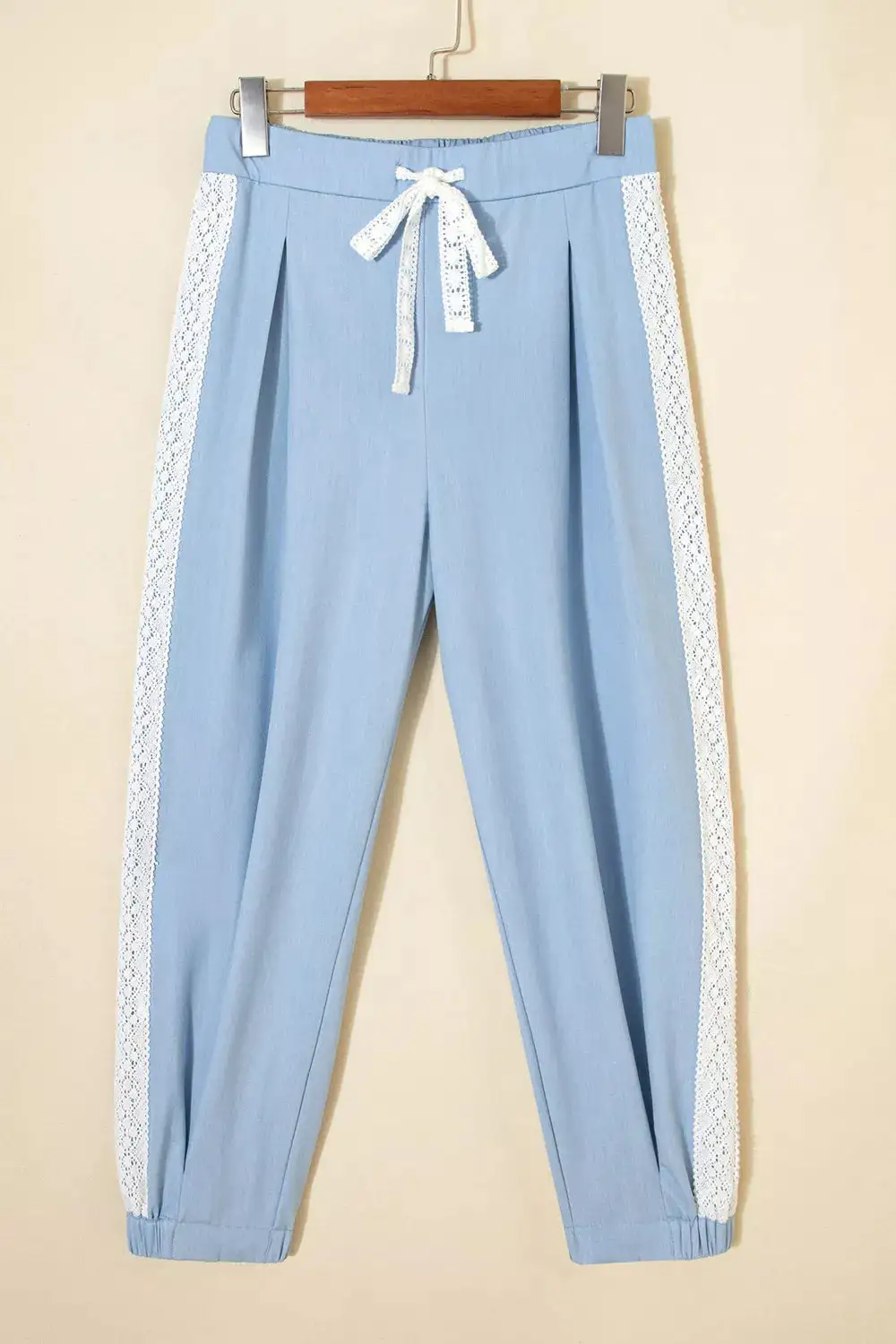Lace Accent Patched Pocket Pleated Wide Leg Slouchy Pants