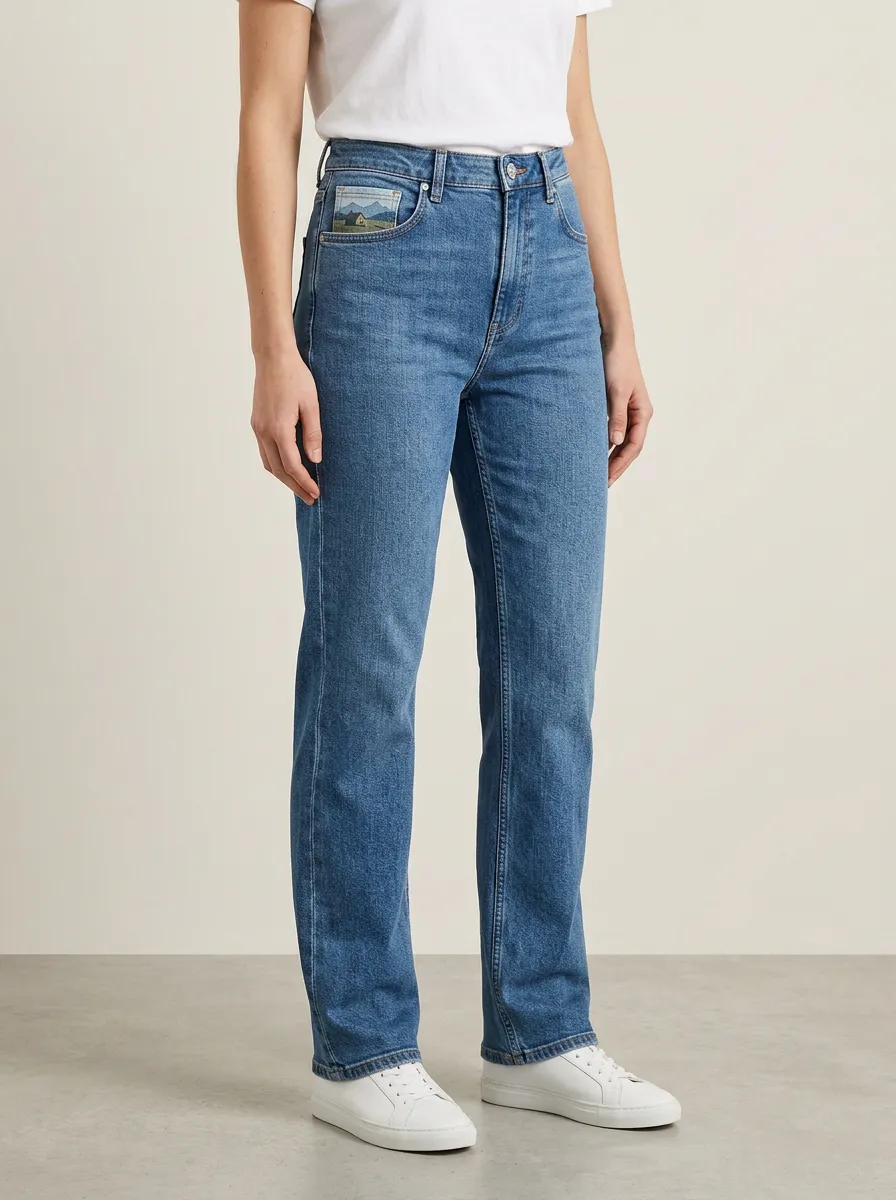 Women's Mountain Landscape Graphic Clean-Hem High-Rise Straight-Leg Jeans