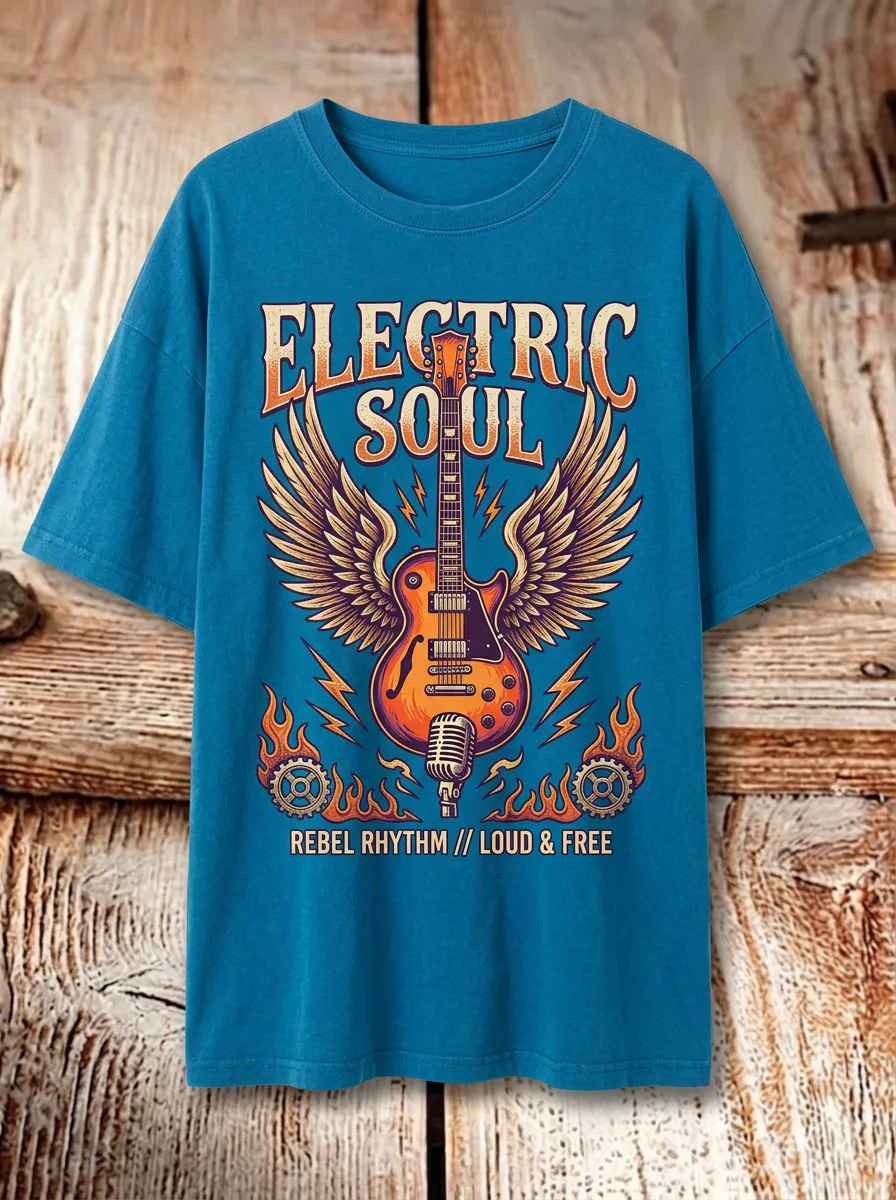 Unisex Rock Music Lover Winged Guitar Flame Printed T-shirt