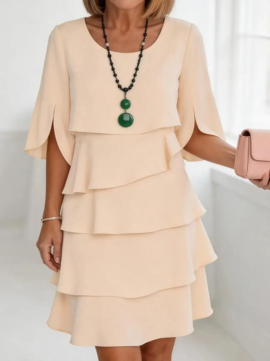 Half Sleeve Relaxed Layered Ruffle Solid Color Split Joint Round Neck