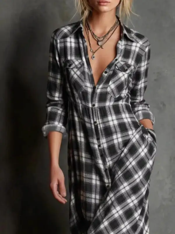 Drape Plaid Button Front Maxi Dress