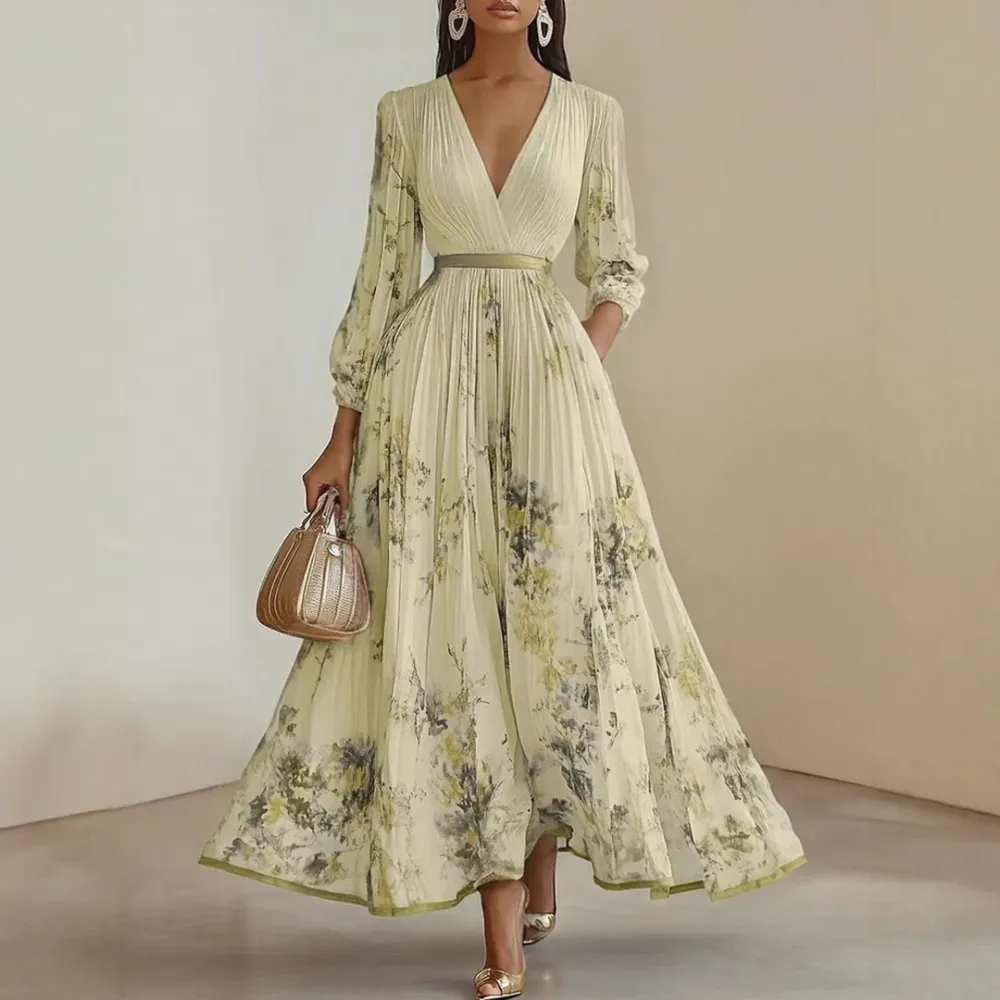  Pleated V Neck Maxi Dress