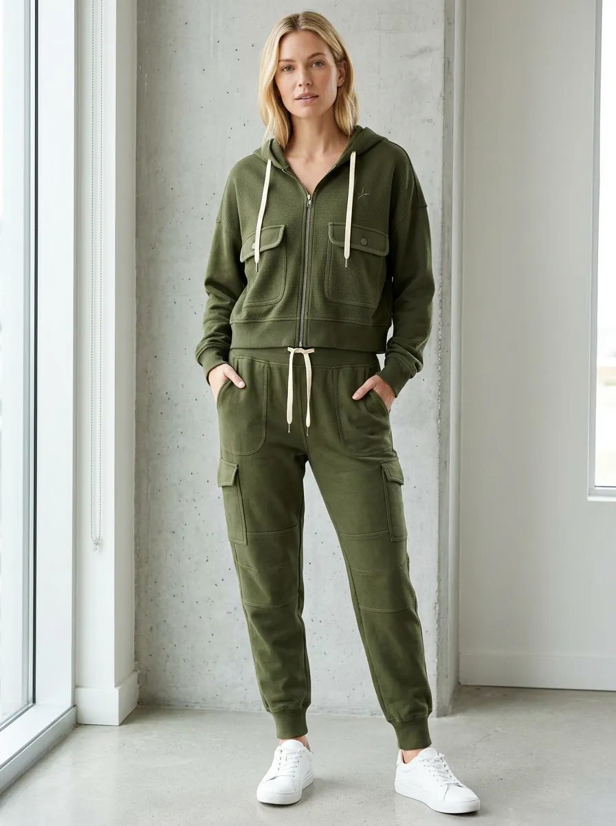 Women's Olive Green Cargo Pocket Zip-Up Hoodie Jogger Set