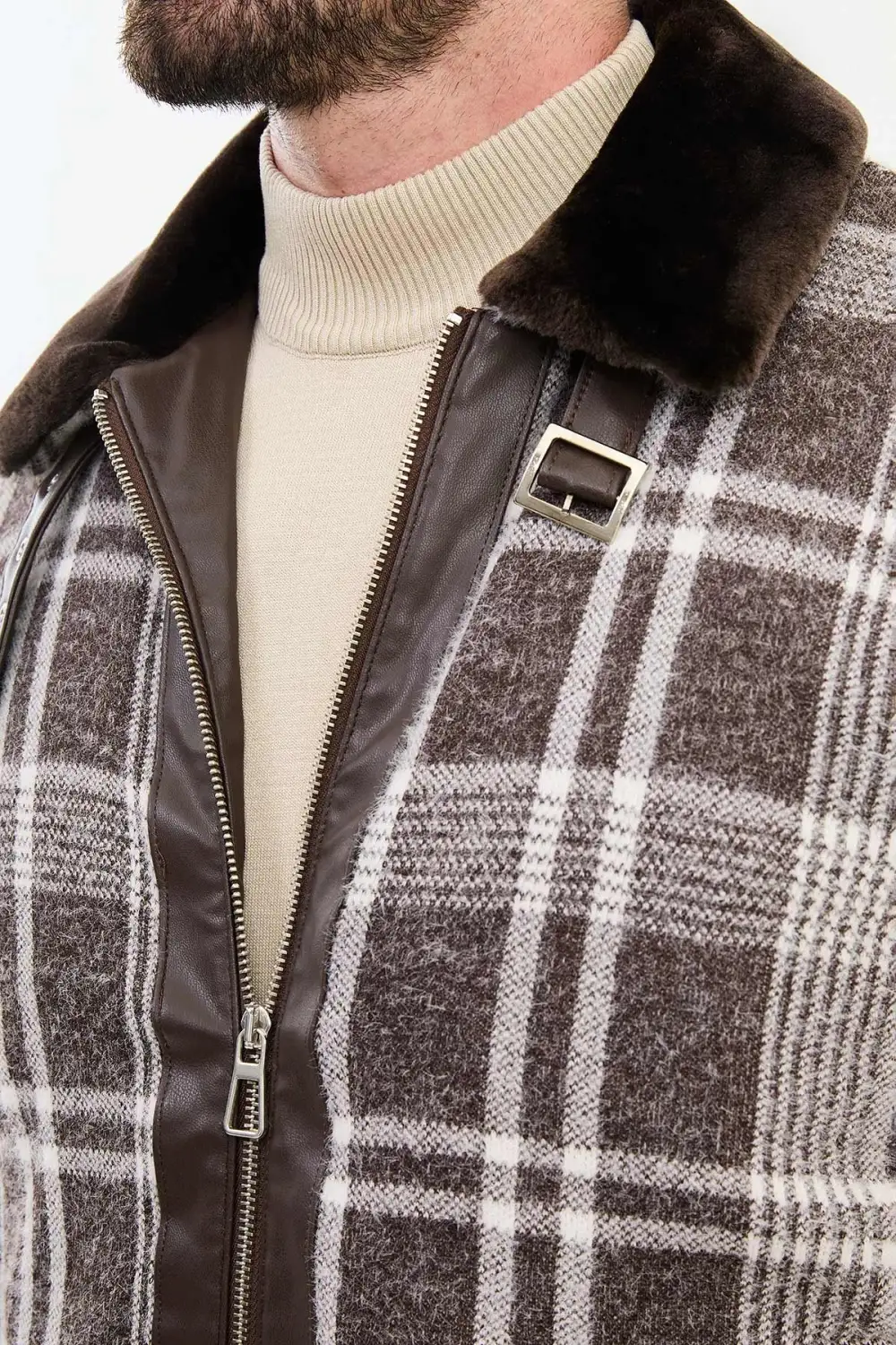 Slim Fit Zip Front Plaid Wool Tailored Coat