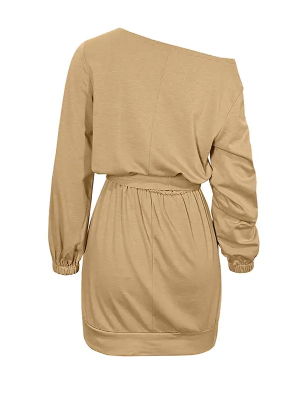 Long Sleeve Relaxed Elasticity Solid Color Tied Waist One Shoulder Mini