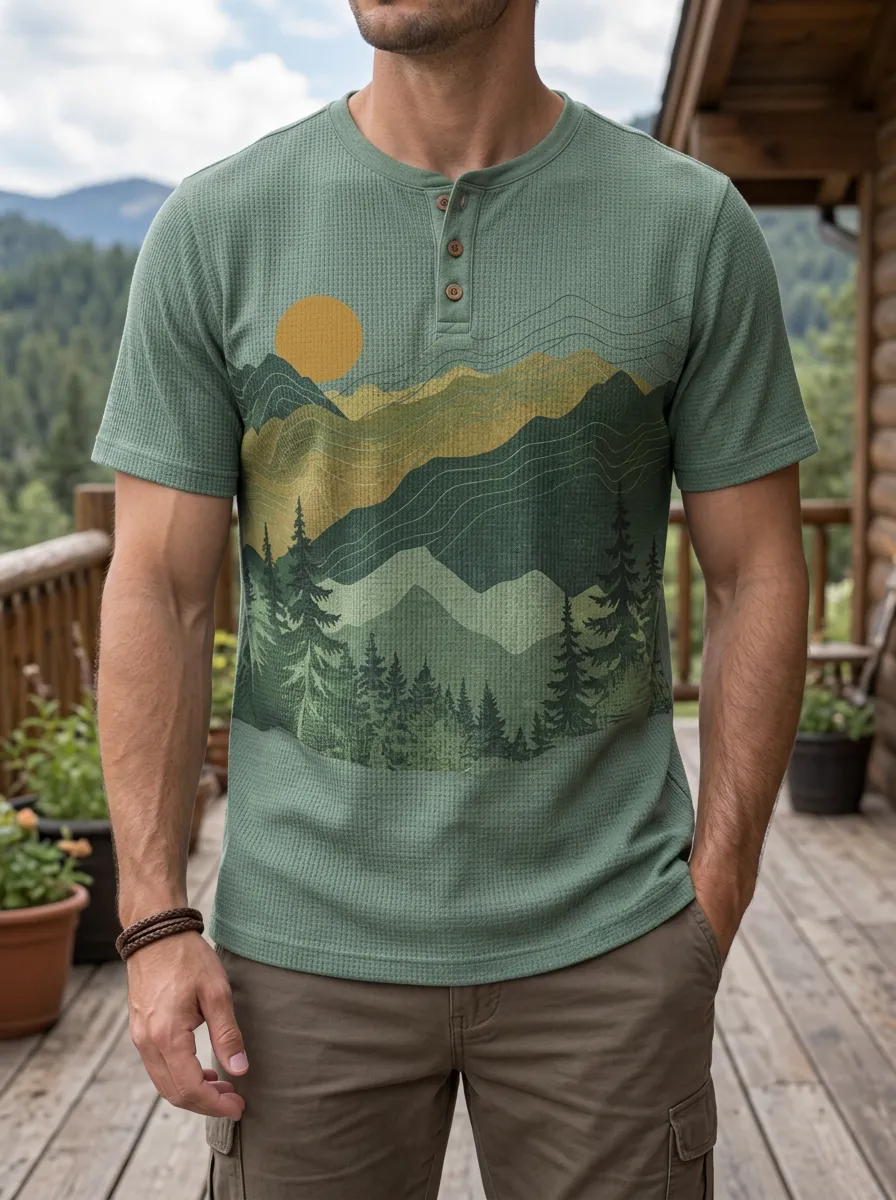 Men's Graphic Nature Lover Mountain Forest Sun Henley T-Shirt