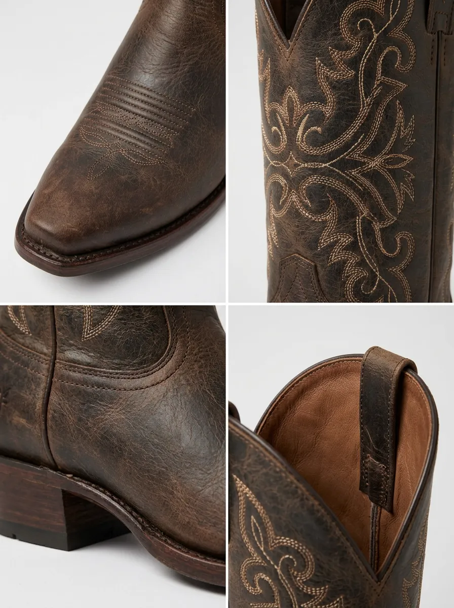 Men's Western Cowboy Embroidered Brown Leather Cowboy Boots