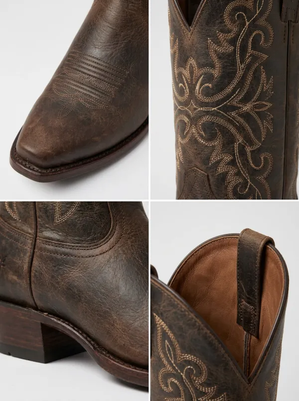 Men's Western Cowboy Embroidered Brown Leather Cowboy Boots